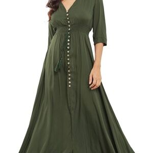 Army Green Maxi Dress with Button Detail
